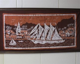 Large framed mid century batik of a sailing ship with initial in lower right