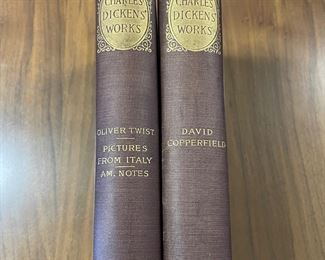 Two antique volumes of Charles Dicken's Works, Oliver Twist, Pictures From Italy and David Copperfield