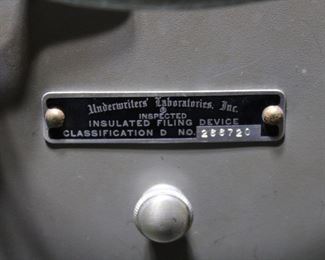 Label on Victor Fire Master fire proof filing cabinet, with original keys