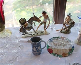 Assorted figurines, bisque items, cut glass and art glass.
