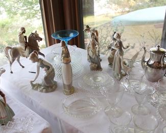 Lladro figurines, silver plate serveware, vintage American pressed glass, European cut glass.