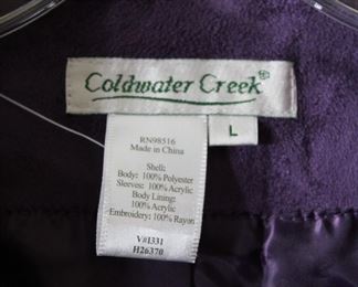 Label on Coldwater Creek two-tone purple & black embroidered fleece zip front jacket - Size L