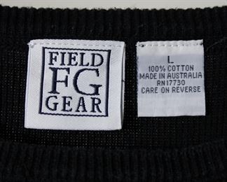 Label on vintage Field Gear black sweater with patch pocket on sleeve - Size L