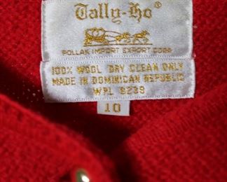 Label on red Tally-Ho brand wool sweater with scalloped hem & metal buttons - Size 10