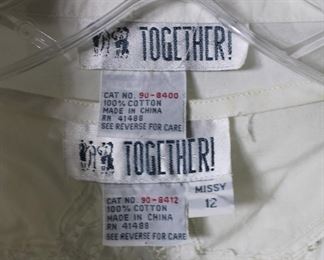 Label on vintage Together! top & shell coordinate set in white cotton with lace insets & trim - Size 12