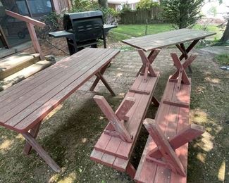 TWO old school X base picnic tables with matching X base benches