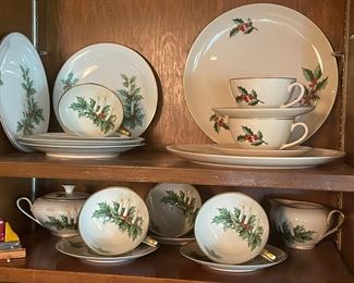 Circa 1960's Gorgeous Bavarian dessert set for four with Christmas scene featuring Burning Candles with Holly marked P T Bavaria Tirschenreuth Germany