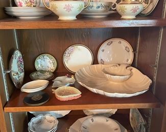 Various hand painted porcelain dishes and a Lenox shell form dip and vegetable or chip server