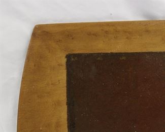 Detail on Large birds eye maple wooden tray made by the Camfield Manufacturing Company, Grand Haven, Michigan