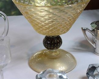 FABULOUS mid century Mazzega Murano glass black and gold compote with original label