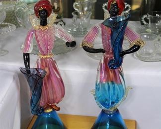 Pair of very large and intricately hand blown Murano glass blackamoor figures holding vases