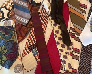 Detail of HUGE Selection of vintage men's ties from the 1950's to 1970's, wide ties, skinny ties, Italian silk, linen, polyester, and about 20 to 25 bow ties, too!