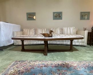 Stunning Italian marble top cocktail table, 6' long, 32" at its widest point, 16" tall.  Elongated diamond shape to fit with V shaped sofa