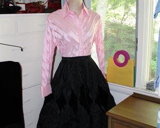 Fabulouse 50's black satin and velvet skirt with  tone on tone Harlequin pattern with a more modern retro pink ribbon satin blouse
