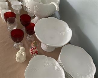 Milk Glass - Punchbowl, ladle, 36 plates, 12 punch cups, 34 tea cups, 2 candlesticks, serving bowl