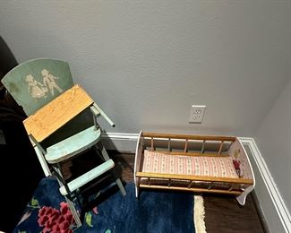 Antique Doll High Chair and Crib