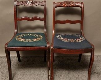 1940s Carved Ladder Back Needlepoint Seat Chairs
