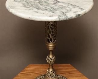 Round Brass Filigree & White Marble Side Table
