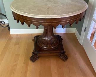 Purchased at the Mart, Westchester Table." Old World Antique Style" 38"x33" H, with Desert Sand Marble Top. Mahogany Carved. Stunning!!
