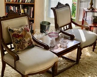 3 Oak and linen upholstered antique chairs