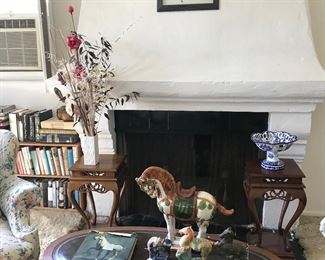 Lovely fruitwood Asian pedestals and small collection  of Asian style horses