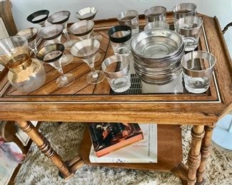 Great bar cart & Dorothy Thorpe barware