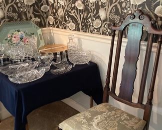 Carved chair, cut glass, crystal, tole