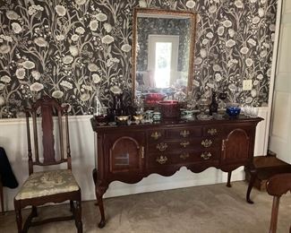 Henredon Side Board, Ruby Cut-to-Clear glass, Lynn Chase Winter Birds Cups