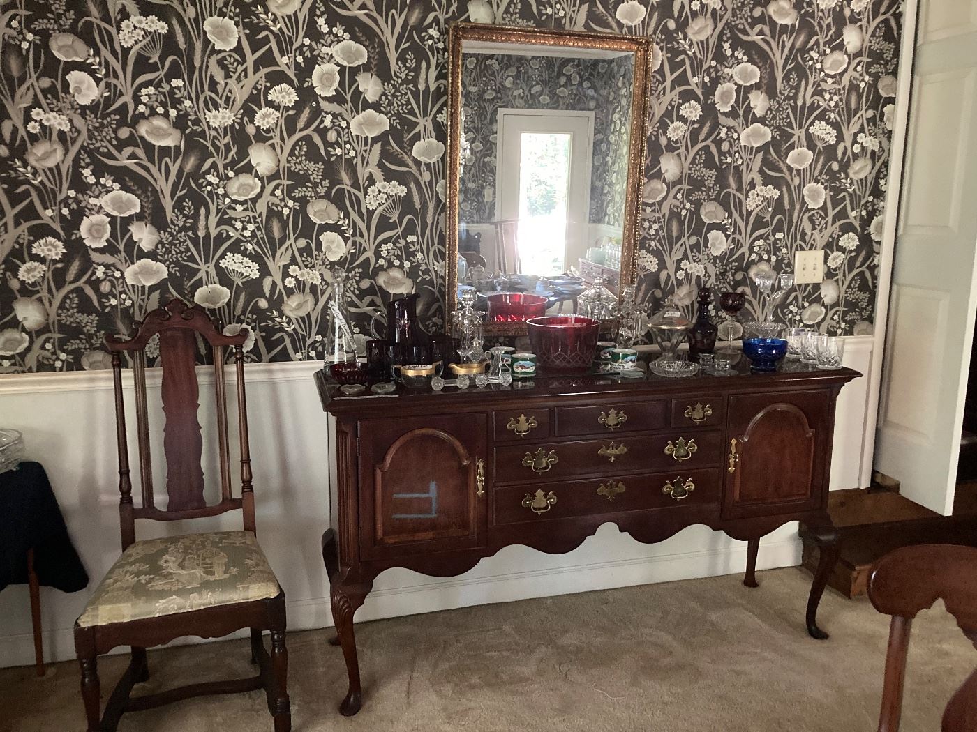 Henredon Side Board, Ruby Cut-to-Clear glass, Lynn Chase Winter Birds Cups