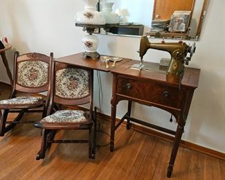 Antique sewing machine and reproduction rockers