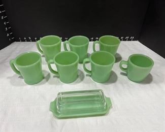 Jadeite Fire King cups and butter dish