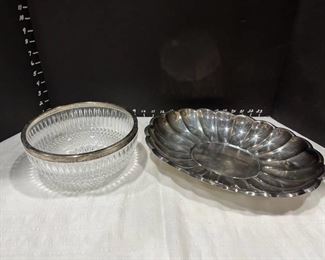 Silver-plate serving platter and glass rimmed bowl