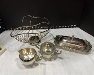 Silver-plate napkin holder, butter dish, and sugar and creamer