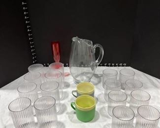 Glass pitcher and 17 glasses and two Bolero Therm-O-Ware cups