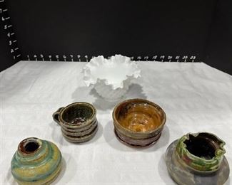 Fenton hobnail vase with ceramic hand thrown pieces