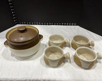 Denby bean pot and four soup bowls