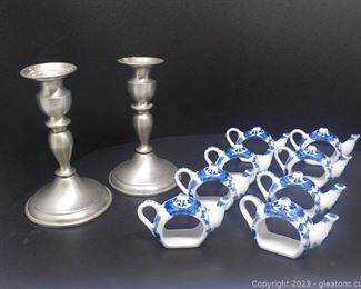 Attractive Table Lot with Pewter Candlesticks and Ceramic Napkin Rings