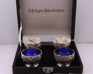 Vintage E B Rogers Silverplate Salt Cellars with Cobalt Blue Glass Liner Spoons and Box