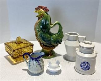 Vintage Fenton Amber Bee Dish with Lid Vintage McCoy Pottery Blue Willow Creamer and Sugar Bowl Vintage Rooster Pitcher and More