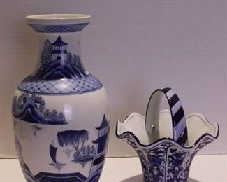 Vintage Hand Painted Old Canton Chinese Blue and White Vase with Blue and White Porcelain Basket