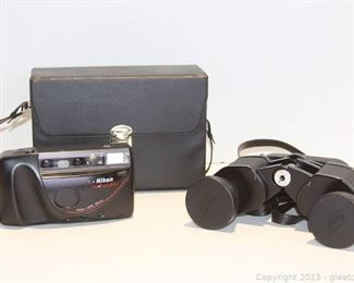 Nikon One Touch 35mm Camera and Sears Binoculars with Carrying Case