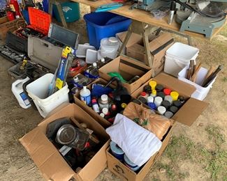 Assorted spray paints, shop towels, wiper blades, hammers