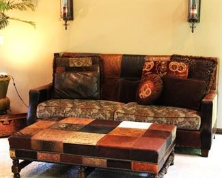 Unique patchwork leather sofa and leather patchwork ottoman / stool / bench (sold separately).