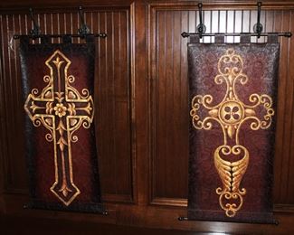 Leather scroll wall hangings.