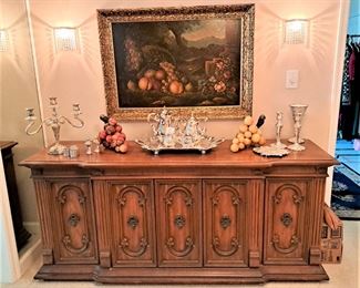 NICE BUFFET, SILVER PLATE, FRAMED PAINTING, LARGE ALABASTER/ONYX GRAPES, 