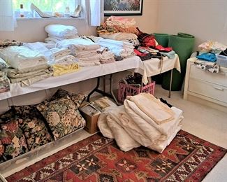 LOTS OF LINENS, BEDDING, DINING, AND MORE, HAND TIED RUG - ONE OF SEVERAL