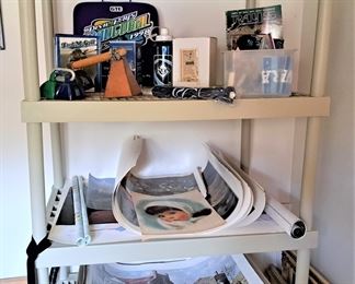 LOTS OF UNFRAMED PRINTS, TAMPA BAY RAYS BASEBALL COLLECTIBLES, PVC SHELVING