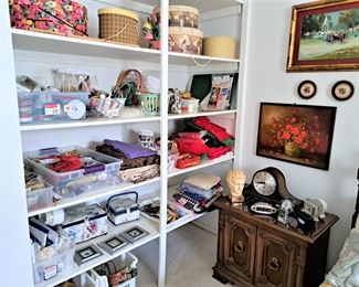LOTS OF CRAFT ITEMS, HAT BOXES, SEWING KITS, CLOCKS, NIGHT STAND, FRAMED ART