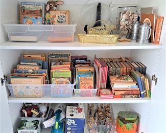 CHILDRENS BOOKS, BEACHY ITEMS, LIGHT BULBS, MCDONALDS COLLECTIBLE GLASSES, HARD BACK AND PAPER BACK GENERAL LITERATURE BOOKS