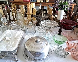 SILVER PLATE SERVER, DEPRESSION GLASS, CLEAR GLASS VARIETY OF ITEMS